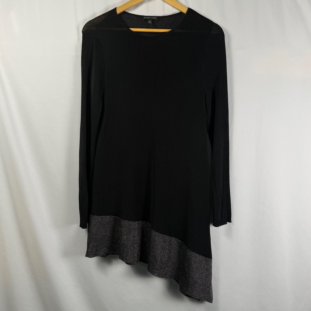 Eileen Fisher Asymmetric Metallic Hem Tunic Top Black Silver Long Sleeve Women M